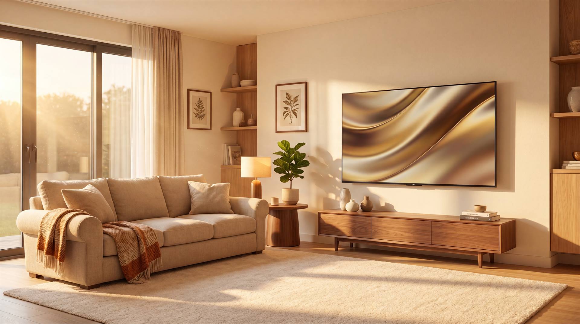 Living cálido amoblado con sofá, mesa de luz de nogal y Smart TV al atardecer